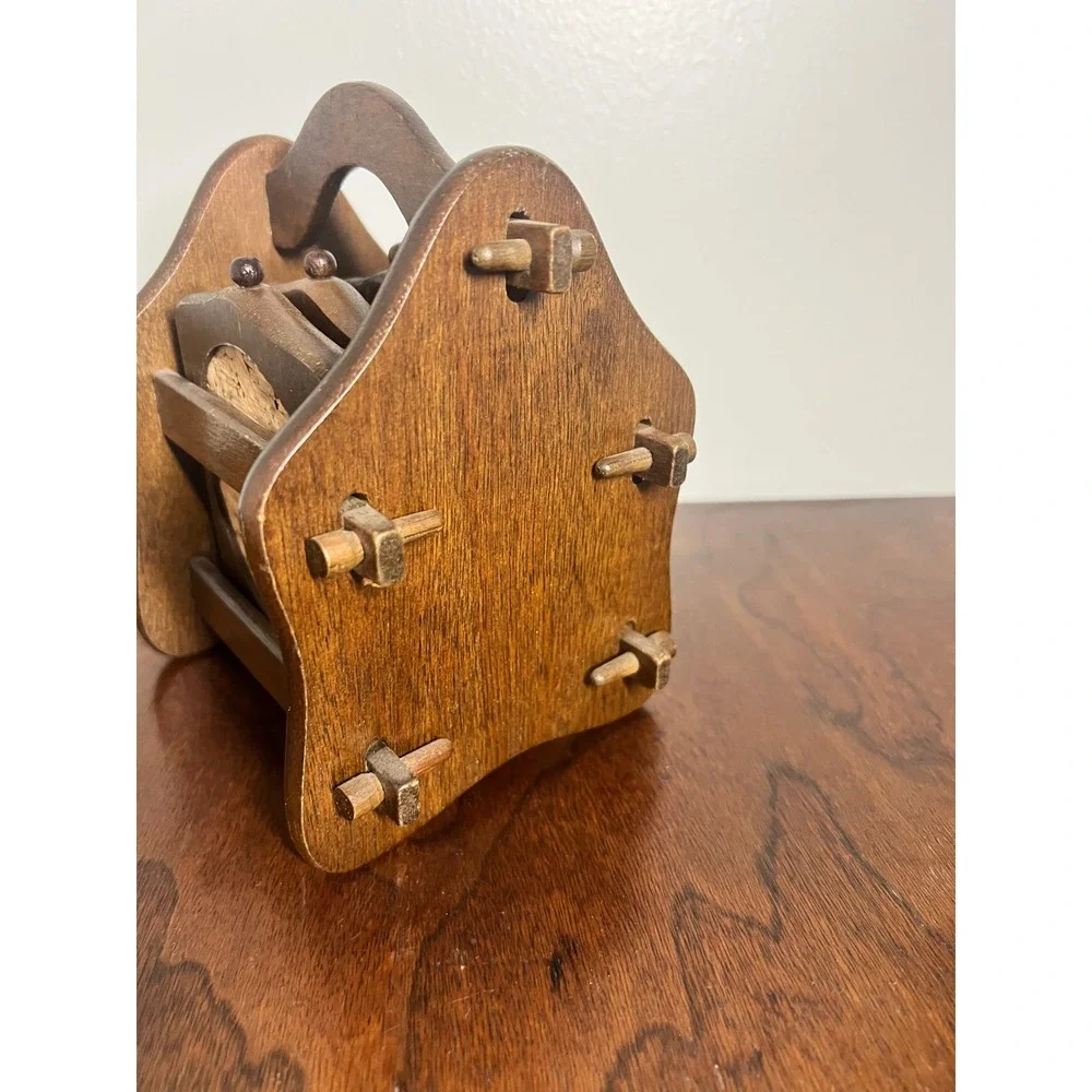 Vintage Wood & Cork Coaster Set: Rustic Home Decor, 5pc with Caddy (1979)